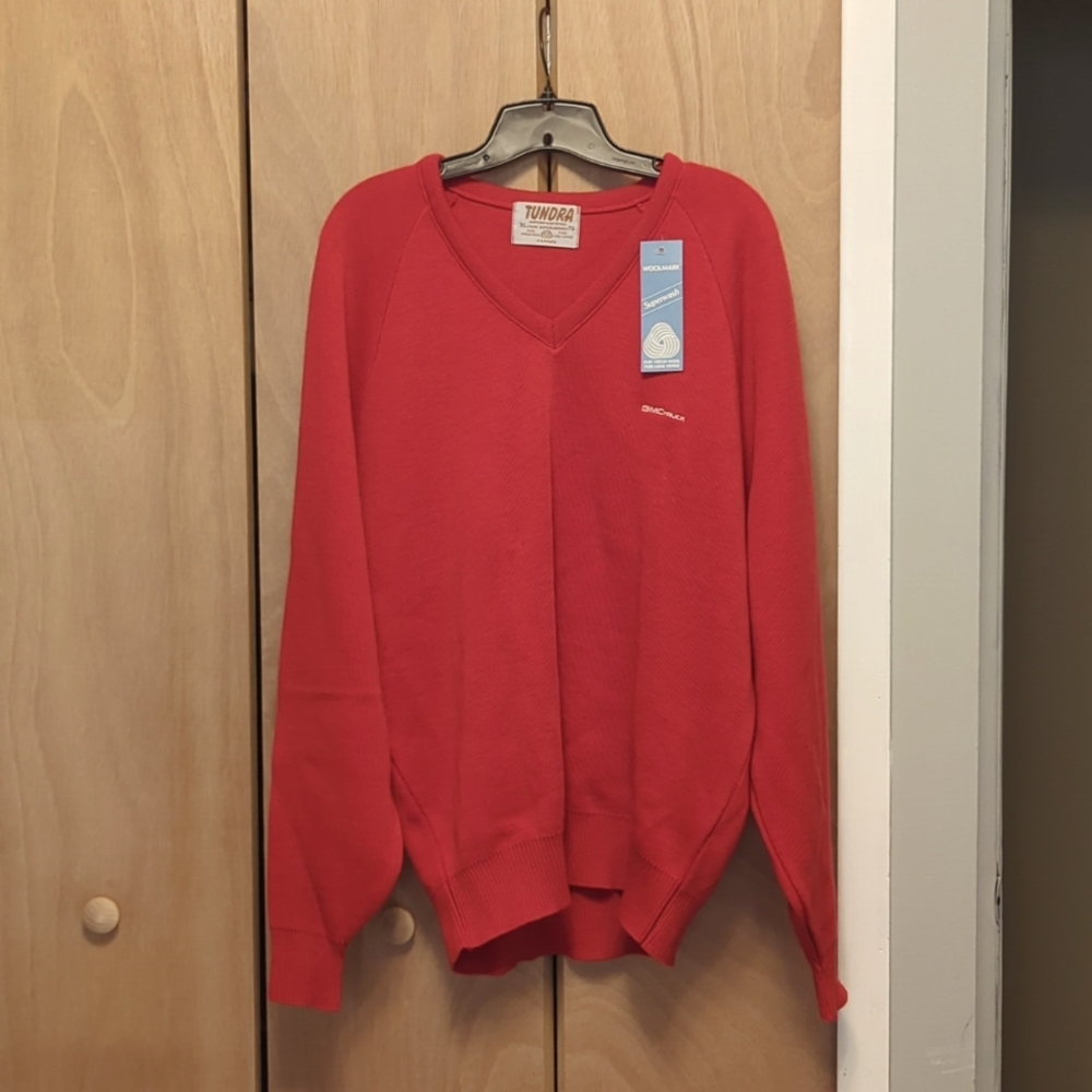 Red V Neck Sweater w/ GMC Truck Logo circa 1980s/1990s, Men's XL